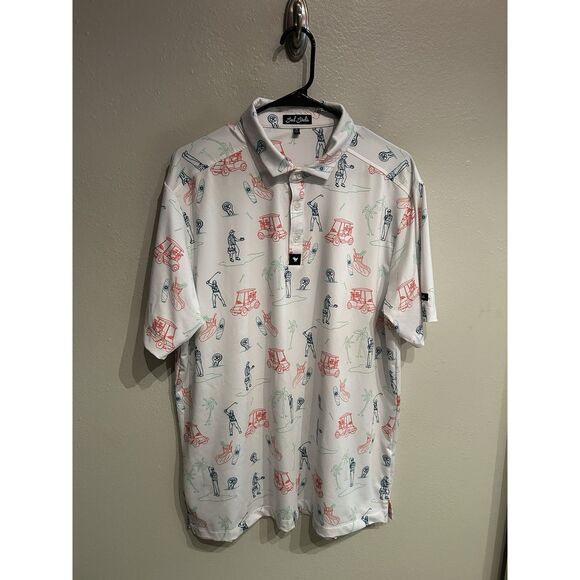 Bad Birdie Mens XL Golf Cart Print Pattern Polo Shirt White - Picture 1 of 7